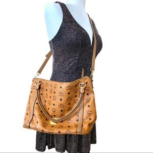 Auth large MCM two way cognac tote bag